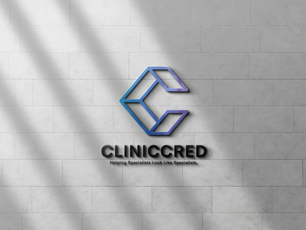 cliniccred_logo_mockup_on_white_brick_wall